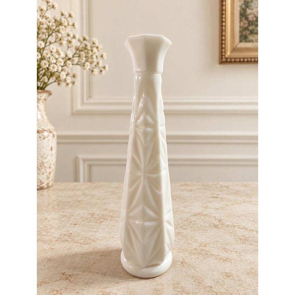 Vintage White Milk Glass Bud Vase With Geometric Starburst Pattern 9-Inch Tall